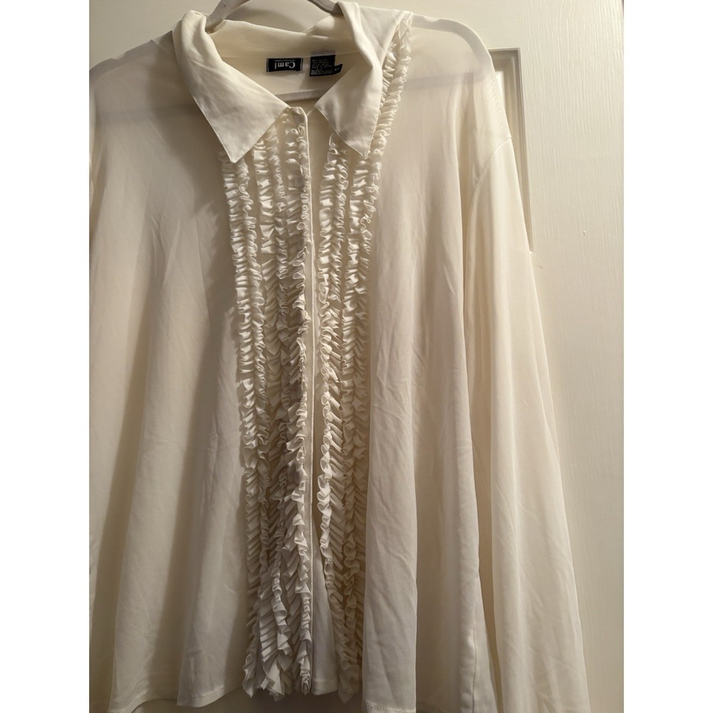 Vintage Cami Blouse XL Cream Ruffles Long Sleeve Button Up Sheer - Picture 2 of 5